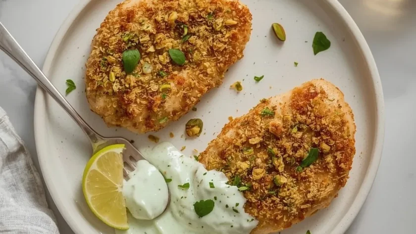 Pistachio Crusted Chicken with Honey Yogurt Sauce